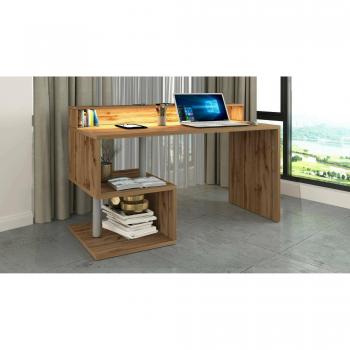 Dmora Bureau Dcaldirol LED – bureau linéaire avec éclairage intégré, étagères, plateau, 140 × 60 × 93 cm, chêne