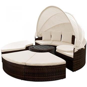 Casaria Polyrattan Sonneninsel Ø185cm mit WPC-Teleskoptisch und Sonnendach Braun