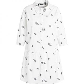 Blusa bianca svasata con ricami di foglie, colletto da camicia e maniche a 3/4, Donna, Taglia: 56/58, Cotone