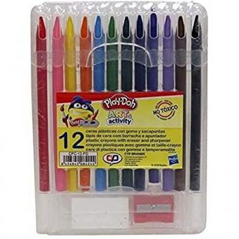 Play Doh, 12 Ceras Plásticas con Goma y Sacapuntas en Caja, Material Escolar, CyP Brands