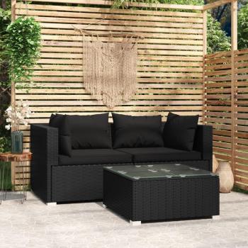 Set de jardín 3 piezas en Polyrattan negro con cojines