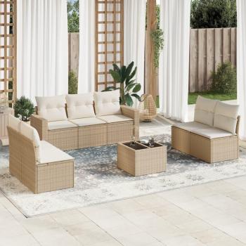 Salon de jardin 8 pcs en résine tressée beige avec coussins inclus