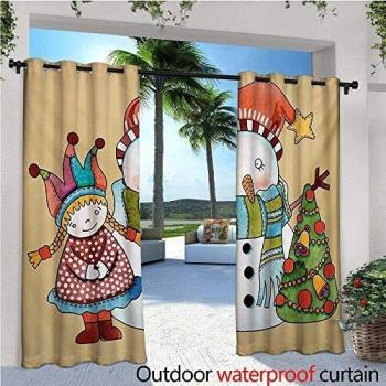 Christmas Outdoor Curtains Cute Toy Girl Snowman and Xmas Tree Watercolor Design for Patio Light Blocking Heat Resistant W84 x L108 Multicolor