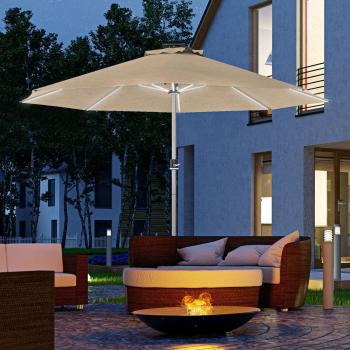 Outsunny Solar Patio Garden Parasol with Lights for Outdoor Khaki