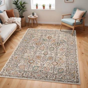 Soft Ivory Dust Floral Border Rug – 160×210 cm
