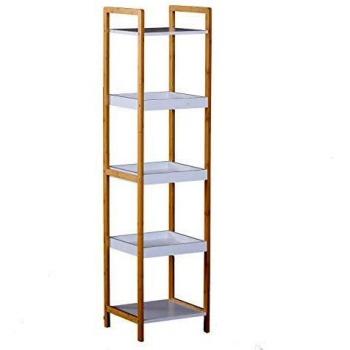 Étagère Salle de Bain Bambou Beige Blanc 3 Paniers + 2 Étagères 32x30x130cm Design Élégant et Fonctionnel