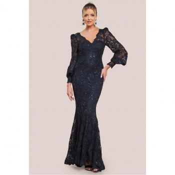 Black Lace‑Trimmed Maxi Dress with Scalloped Edges – Goddiva Edition