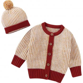 Veste tricotée bébé unis, longueur complète, bouton unique + bonnet velours