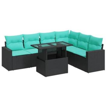 Patio Living 7-Piece Rattan Sofa Set – Black & Acacia with Cushions