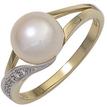 JOBO Perlenring 585 Gold mit 6 Diamanten und Süßwasserperle Größe 54