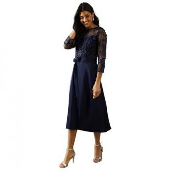Satin Mesh Overlay Flared Dress – Navy, Size 18