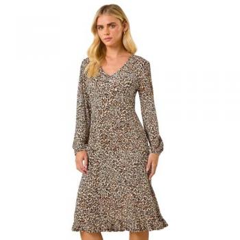 Women’s Petite Plissé Animal Flounce Dress – Brown, S14