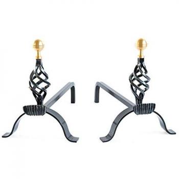 Coppia di Alari in Stile Moderno per Camino, Materiale Ferro Battuto e Ottone Satinato, LINEA TREVI Cruccolini