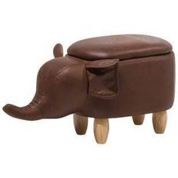 Elephant Design Children's Stool with Storage Brown Faux Leather Wooden Legs Nursery Footstool
