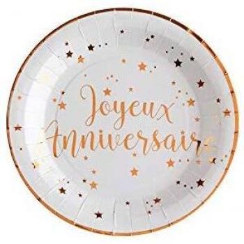 ASSIETTE CARTON JOYEUX ANNIVERSAIRE Ã¸ 22cm BLANC ROSE GOLD /10
