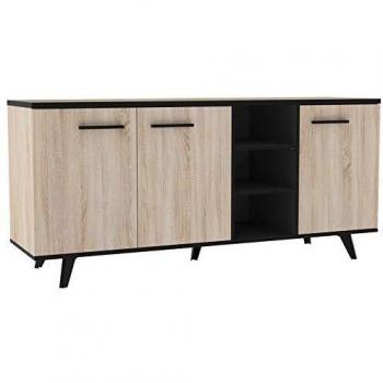 Wayne Buffet avec façade en PVC imitation chêne et tiroirs noirs