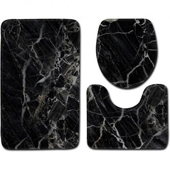 Black Marble Non-Slip Bath Mat Set with Toilet Lid Cover