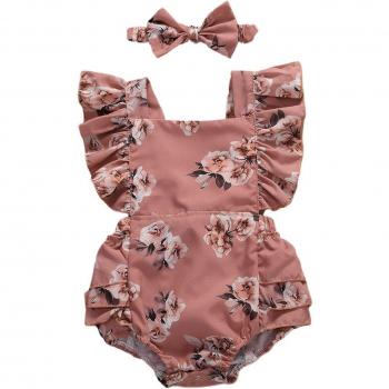 Newborn Floral Romper with Ruffled Sleeves and Headband