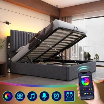 Letto matrimoniale con vano contenitore, controllo app LED, portaoggetti integrato e ricarica USB‑C