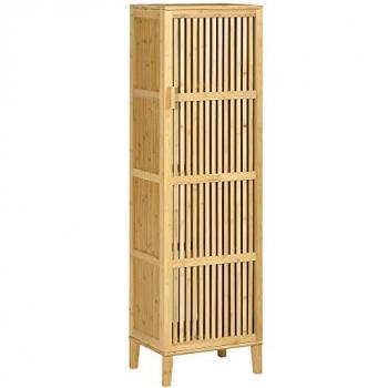 Homcom Buffet porte 4 niveaux 3 étagères façade à lattes bois de bambou verni Beige 100x82x35cm