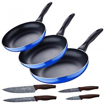Kit San Ignacio: Sartenes Aluminio (16+20+24 cm) con Cuchillos Acero Inoxidable, Azul Navy Paradise