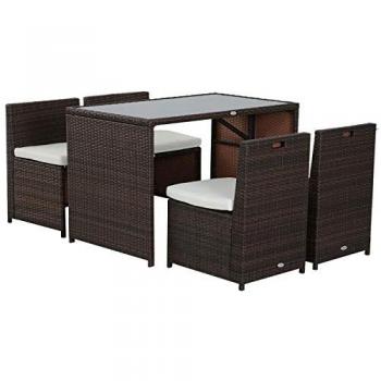 Ensemble de salon de jardin 4 chaises monoblocs avec coussins déhoussables et table en résine tressée chocolat