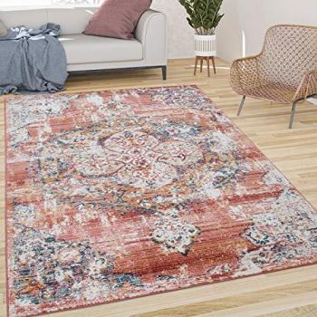 Tapis lounge poils ras rouge & blanc cassé bleu 120×170 cm