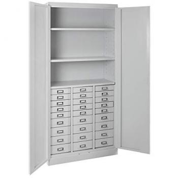 Buffet à tiroirs ADB, 27 tiroirs, 3 tablettes, verrouillage double, acier, B 800 x D 410 x H 1790 mm, gris clair RAL 7035