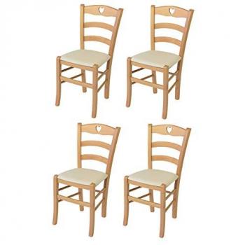 Chaises d’appoint CUORE 4× – Bois de hêtre naturel, siège cuir artificiel couleur ivoire
