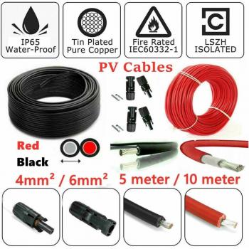 Cable Solar Fotovoltaico 5M/10M, Rojo y Negro, CC 4mm²/6mm², Aislación Doble, Conectores PV (2 Piezas)