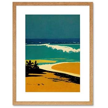 Honopu Beach Vista – Hawaiian Summer Coast, Mustard Blue Hues, 9×7 Inch Beige Frame