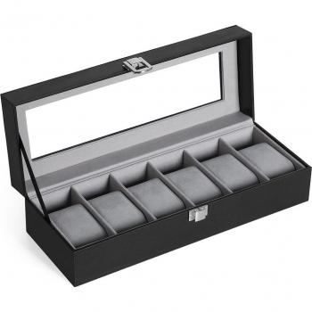 Uhrenbox mit Glasdeckel und Schloss für 6 Uhren, Schwarz mit grauem Samtfutter