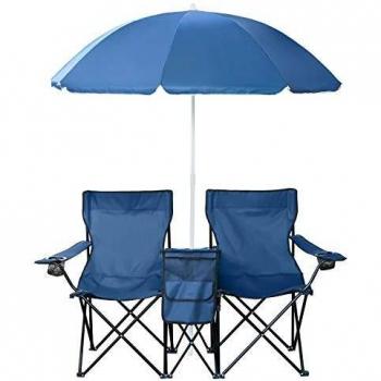 Doppelsitzer Campingstuhl mit Sonnenschirm und Kühltasche