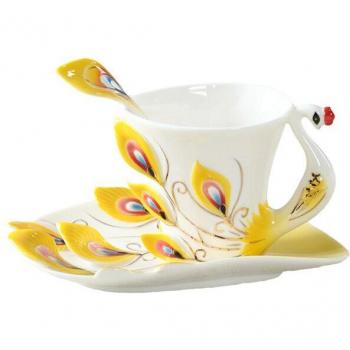 Ensemble de tasse à café Paon en porcelaine avec soucoupe et cuillère