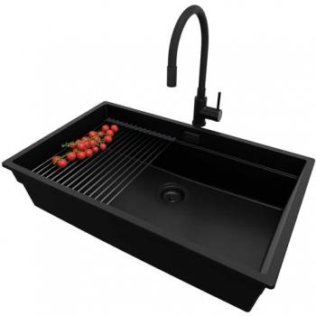 Evier Sous Plan 76x47cm, Granit Noir, 1 Bac + Kit de Vidage