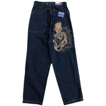 Jean femme blue denim baggy, broderie dragon, wide leg – Taille S