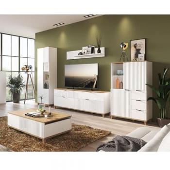 Lomadox Wohnzimmer-Set PLYMOUTH-129, Mega-Spar-Set, 5-tlg. in Weiß mit Eiche Nb