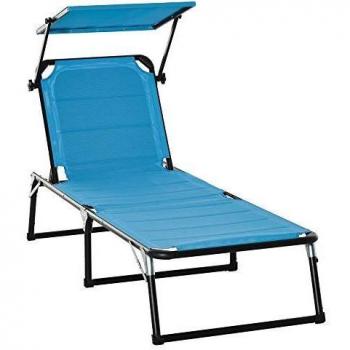 Transat de jardin pliable grand confort avec dossier et pare-soleil réglables en alu. textilène bleu