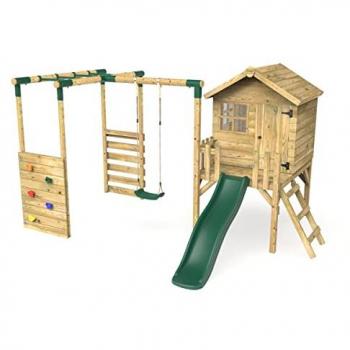 4ft Wooden Children's Playhouse with Swings, Monkey Bars and 6ft Slide