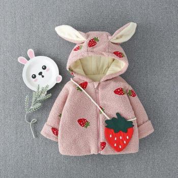 Baby Girls Winter Coat 0-3Y with Strawberry Print and Hood