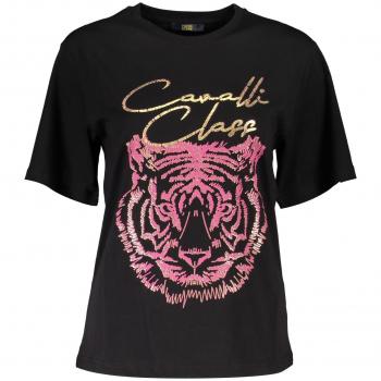 Cavalli Class Ladies Black Signature Print T-Shirt