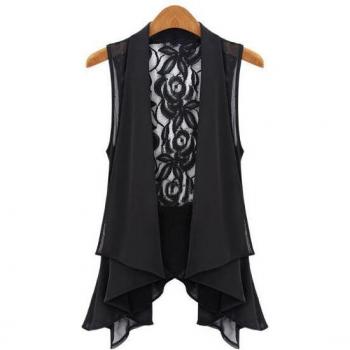 Asymmetrische Chiffon Weste mit Stehkragen und Spitze, langes Design, Größen S-XXXXXL