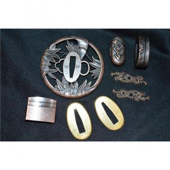 Alloy Fitting Set for Japanese Wakizashi Sword: Tsuba, Fuchi, Kashira, Menuki