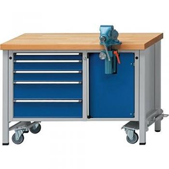 Anton Kessel GmbH Montagewerkbank Serie V B1270xT700xH850mm fahrbar enzianblau lichtgrau Buche massiv