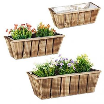 Pack de 3 Macetas de Madera con Plástico, Jardineras Rectangulares en 3 Tamaños para Interior y Exterior, Color Marrón