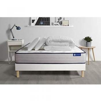 Matelas 200x200 cm avec sommier kit Blanc et accessoires