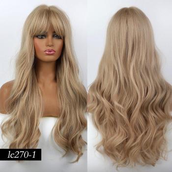 JONRENAU Light Brown Highlighted Wig with Long Waves and Bangs