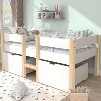 Letto bambino 90x190 cm con cassetto, barriera di sicurezza e finitura legno di pino – Okwish bianco rovere