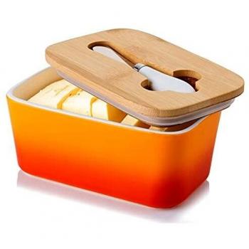 Porcelain Butter Dish with Knife & Wooden Lid, Candiicap Airtight Butter Keeper for Countertop, Large Butter Holder for All Types of Butter (Tropical Orange)