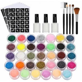 Glitzer Tattoo Set, neues Glitzer Tattoo-Kit mit 28 großen Glitzertuben & 172 Schablonen & 3 Kleber & 5 Bürsten & 6 Leuchtstoffen, Geburtstag & Karneval Party Tattoo für Kinder & Erwachsene